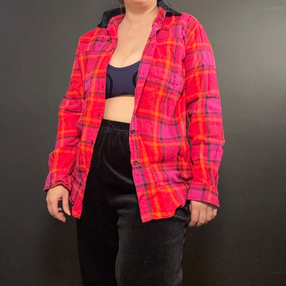 Vtg Pink Orange Neon Plaid Flannel Shirt Velvet Cotton Maximalist S Cabincore